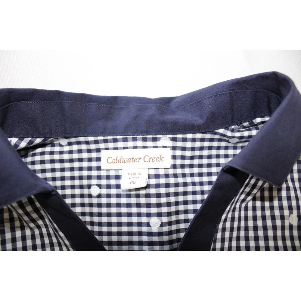 Coldwater Creek Gingham Check Plaid Polka Dot Navy Blue White Tunic Shirt Top PS - Picture 8 of 12